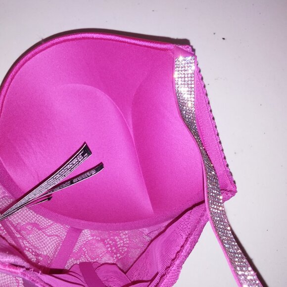 Victoria Secret Bra Set 34C Bombshell Push Up Medium Panty Shine Strap Pink Lace - Picture 16 of 16